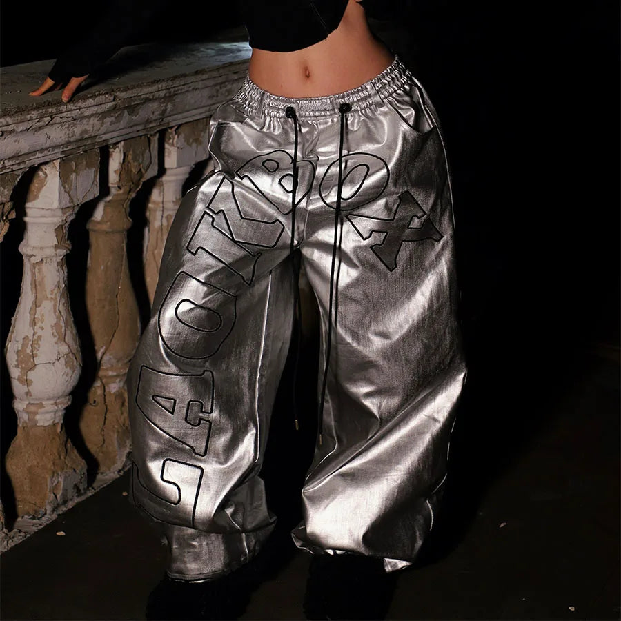 Custom Ladies Casual Loose Wide Leg Hip Hop Dance Pants Spring Pu Leather Windproof Waterproof High Waist Pattern Full Length