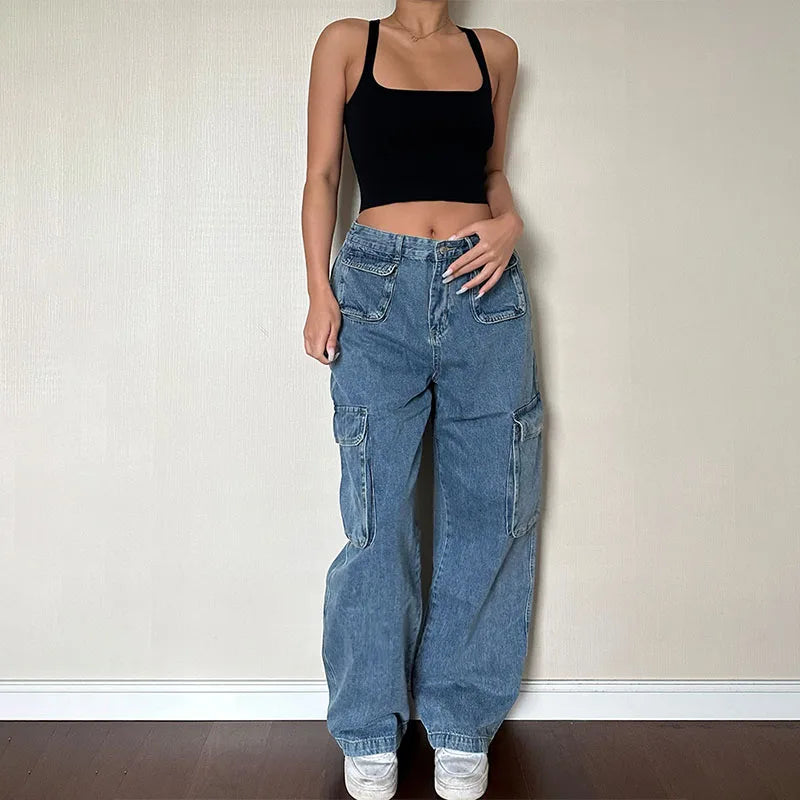 Custom Women's Denim Cargo Jeans Loose Fit Solid Casual Straight Low Waist Jeans Pants