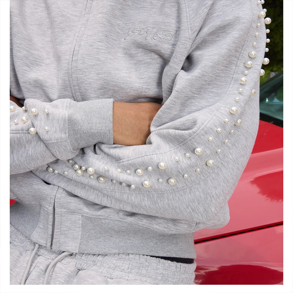 High Quality Zip-Up Pearl Hoodie for Men Autumn 400 Grams 100% Cotton Casual Oversized Custom Beaded Unisex