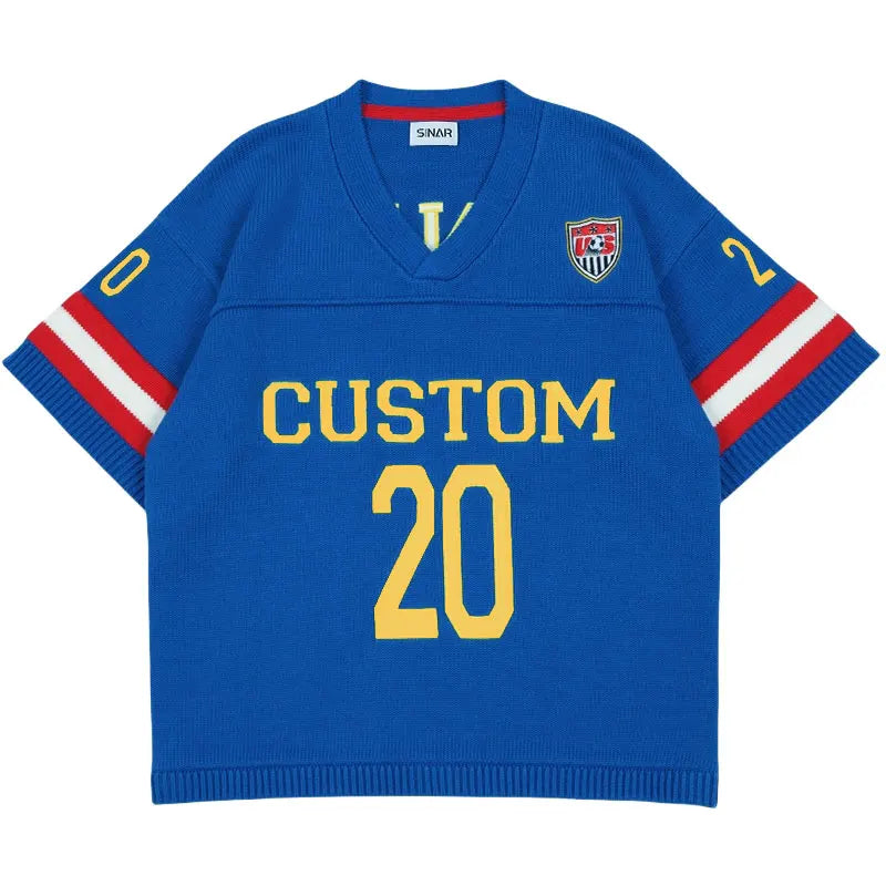 Custom LOGO Men Sweater Design Pullover Short Sleeve Football Jumper Summer V Neck Knitwear Casual Sweater Knitted Jerseys Men