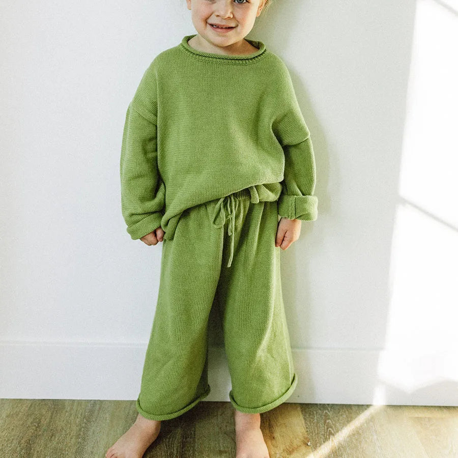 Custom 2pc Solid Long Sleeve Casual Eco-Friendly Polyester/Cotton Knit Pant Matching Set for Girls Kids