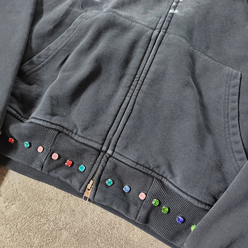 Custom Streetwear Cotton French Terry Vintage Print Rhinestone Heavyweight Oversized Acid Wash Custom Hoodies