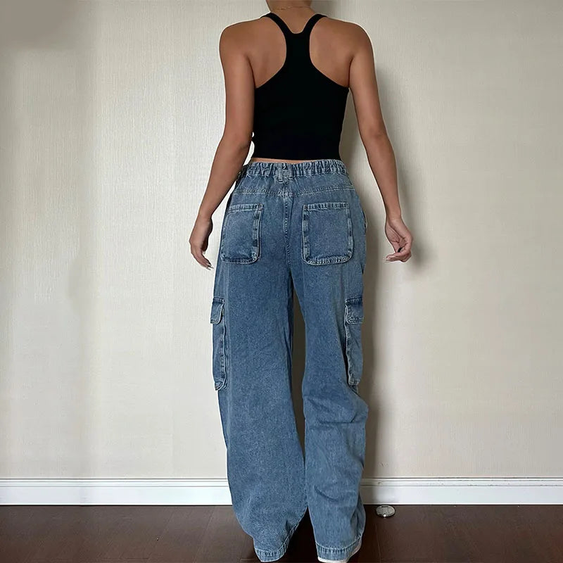 Custom Women's Denim Cargo Jeans Loose Fit Solid Casual Straight Low Waist Jeans Pants