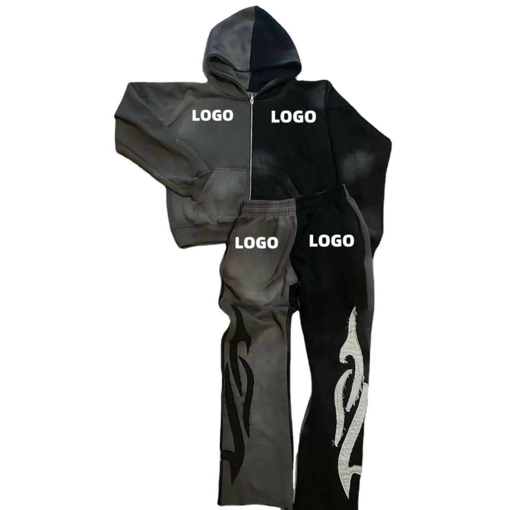 Custom Distressed Embroidery Acid Wash Faded Flared Sweatsuit Set Raw Hem Hooded Sweatpants Applique Patches Winter Tracksuit