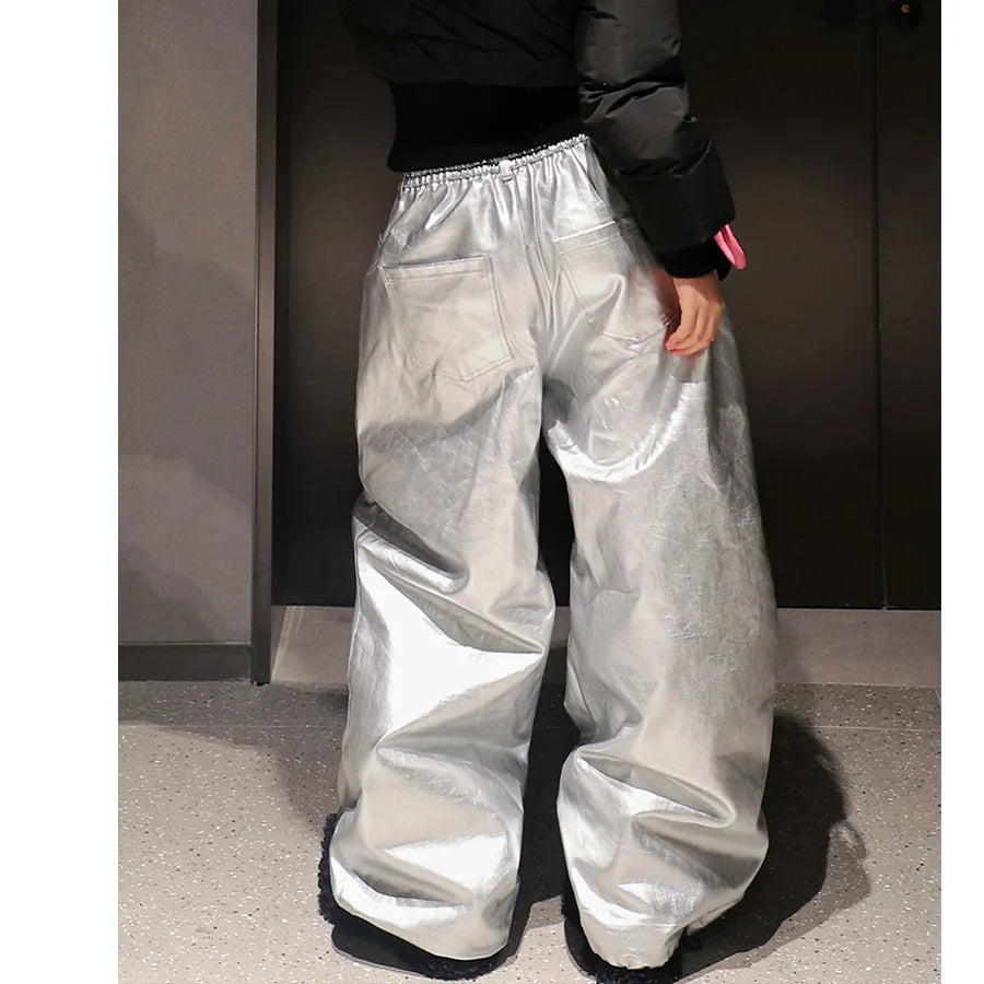 Custom Ladies Casual Loose Wide Leg Hip Hop Dance Pants Spring Pu Leather Windproof Waterproof High Waist Pattern Full Length