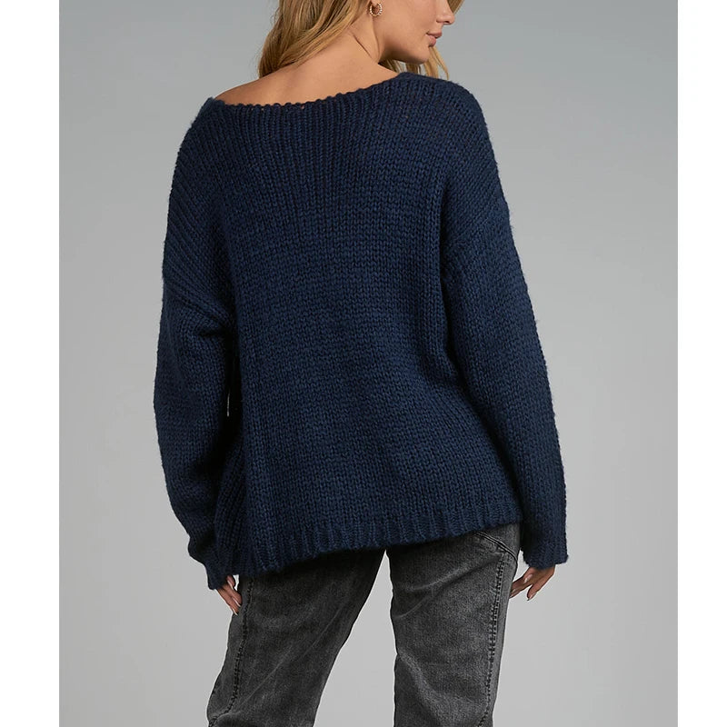 Custom Women's Winter Casual Crocheted Embroidery Oversize V-Neck Sweaters Manufacturer