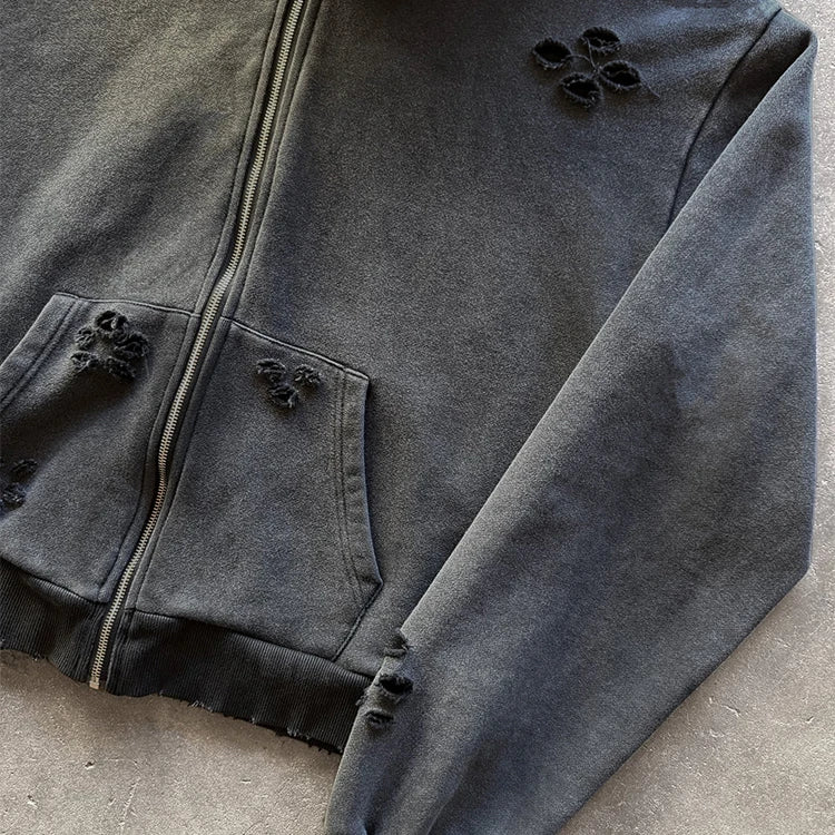 Custom Logo Vintage Zip up Acid Wash Distressed Hoodie for Men Streetwear Embroidered Printing Designer Blank Distressed Hoodie