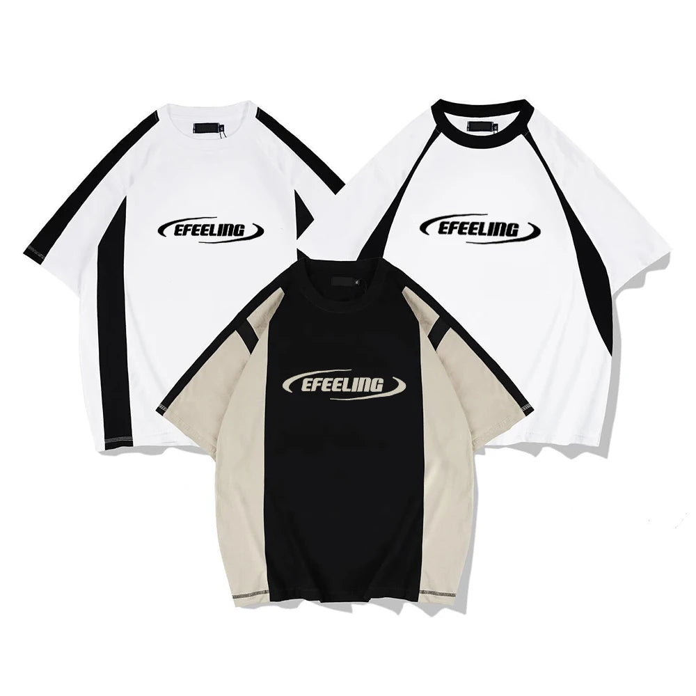 Vintage Y2K Two Tone T Shirt Custom Embroidered Logo Baggy Man Patchwork Tshirt Piping Stitching Customization Streetwear