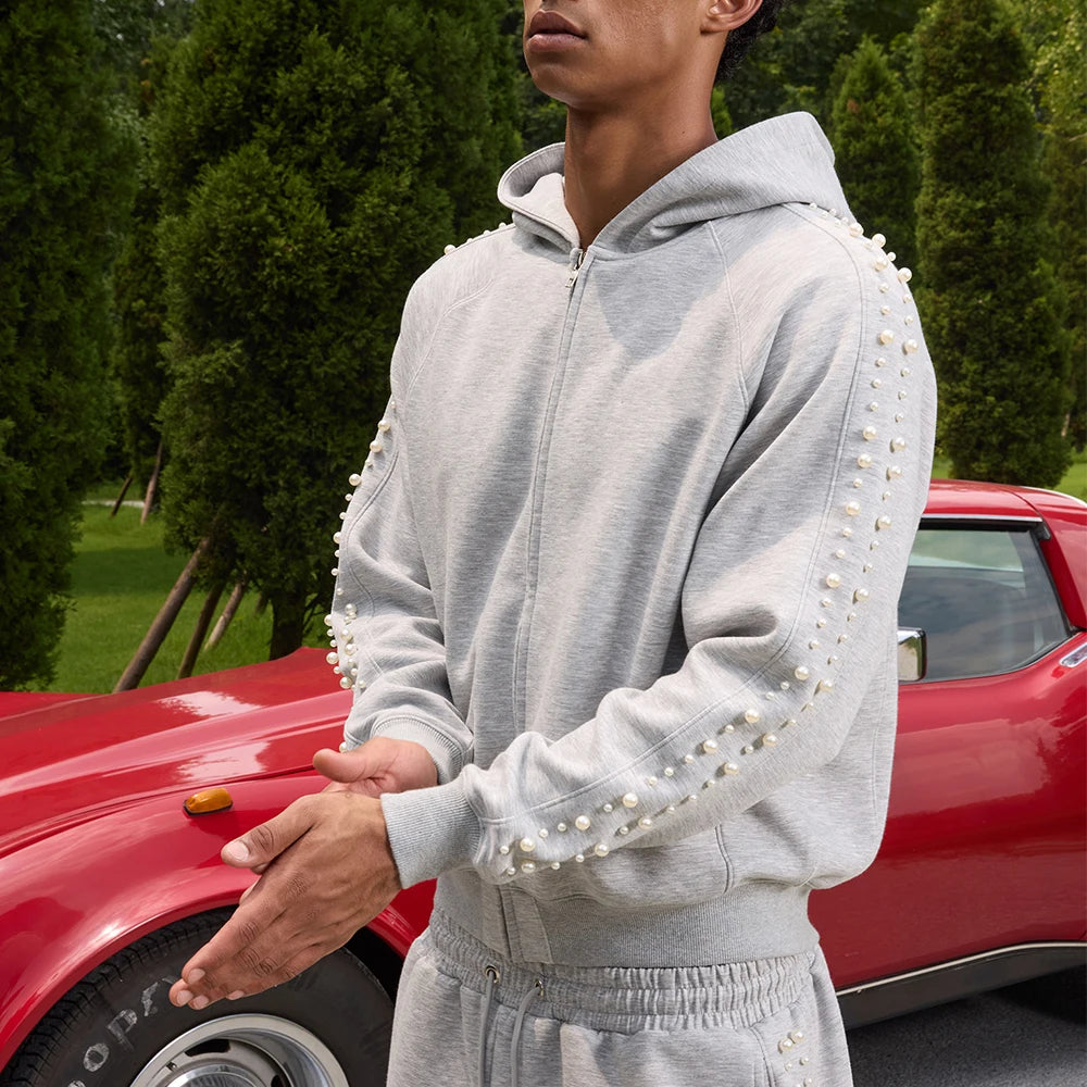 High Quality Zip-Up Pearl Hoodie for Men Autumn 400 Grams 100% Cotton Casual Oversized Custom Beaded Unisex