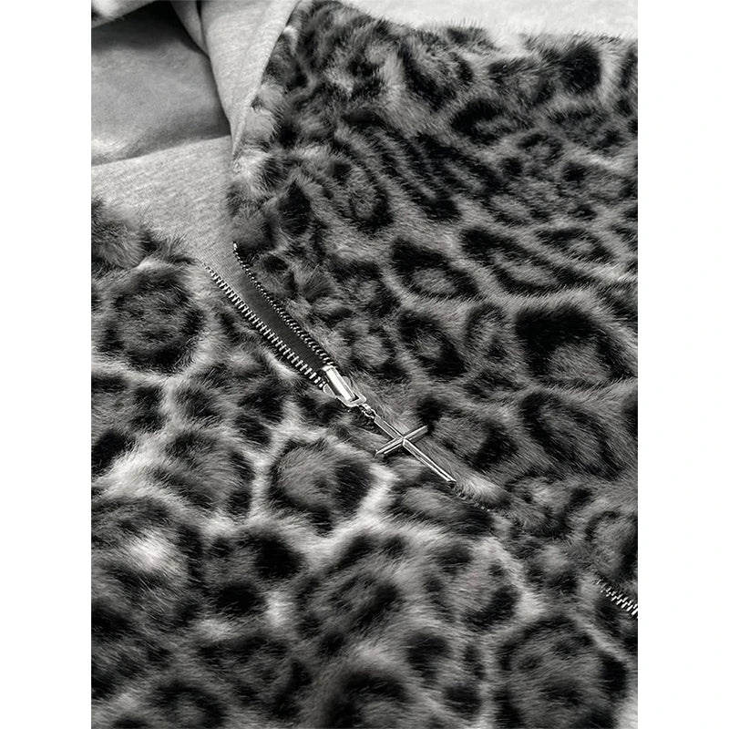 Custom Casual Oversized Winter Men's Reversible Zip-Up Hoodie with Leopard Print Heavyweight Worsted Fabric