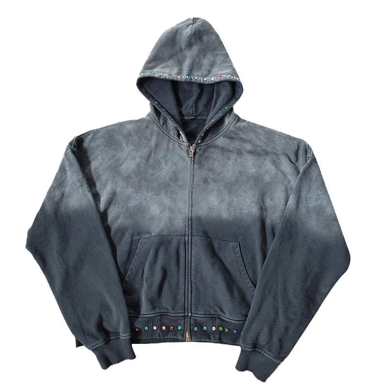 Custom Streetwear Cotton French Terry Vintage Print Rhinestone Heavyweight Oversized Acid Wash Custom Hoodies