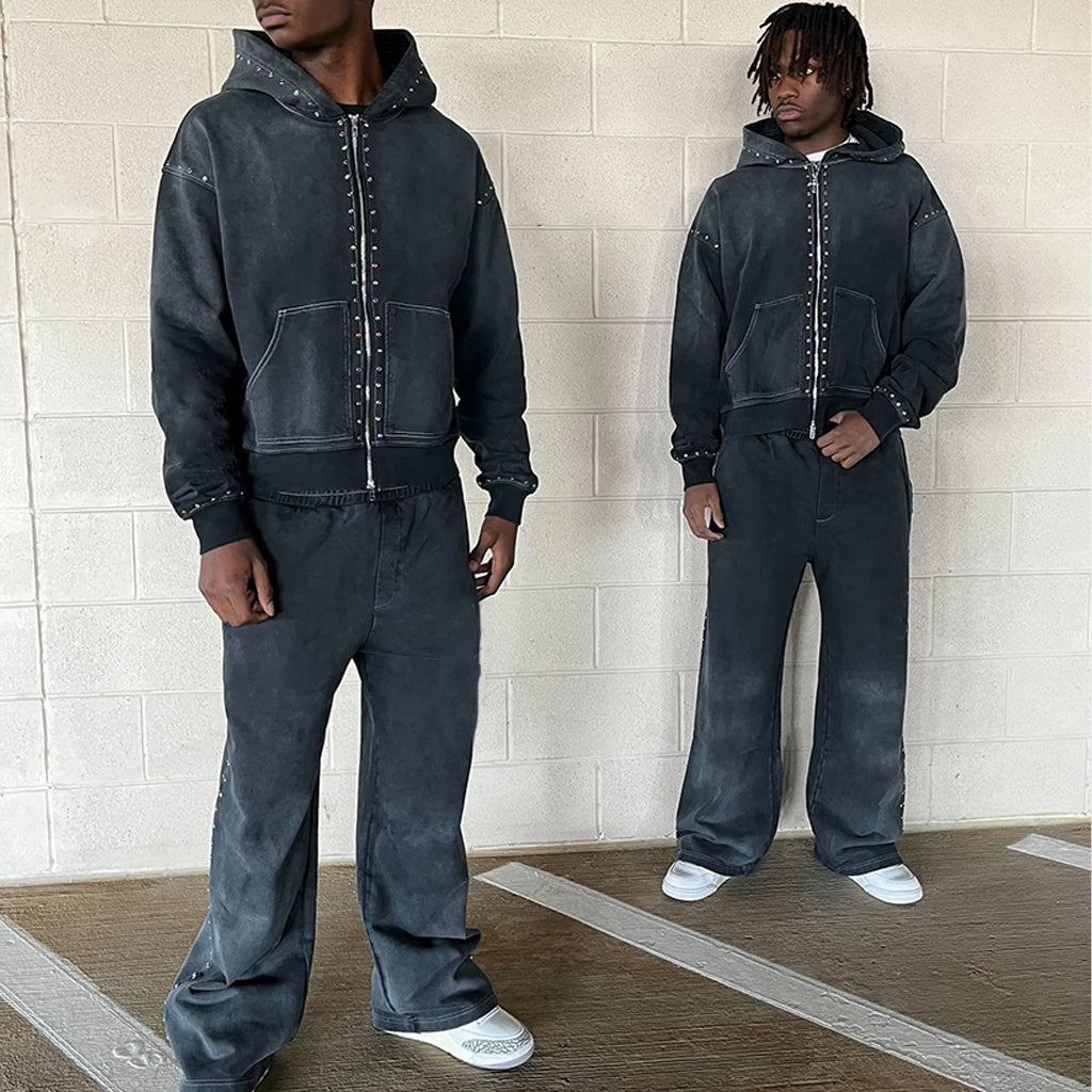Men's Hoodies Rhinestone 100% Cotton Sweatpants and Hoodie Acid Wash Set Oversized Full Zip up Custom Heavyweight for Men