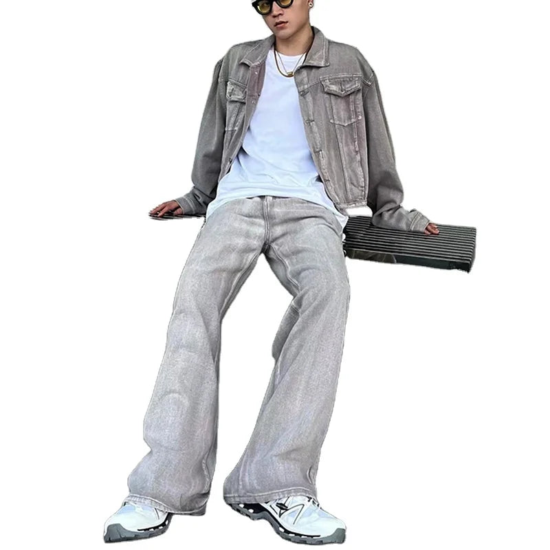 Custom Men's Casual Denim Jeans Set Two Piece Washed Denim Jacket Breathable Quick Dry Light Wash Vintage Style