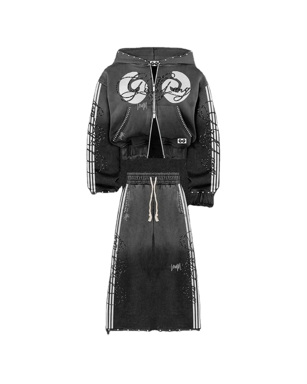Custom Winter Streetwear Vintage French Terry 100% Organic Cotton Cropped Acid Wash Zip-Up Distressed Rhinestone Hooded