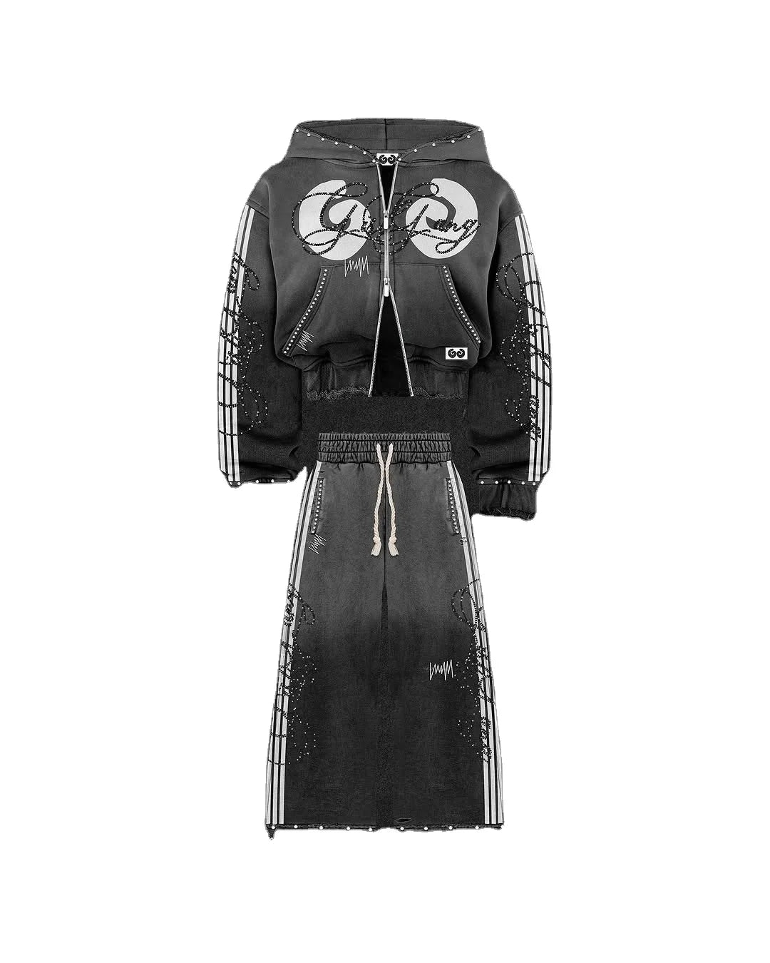 Custom Winter Streetwear Vintage French Terry 100% Organic Cotton Cropped Acid Wash Zip-Up Distressed Rhinestone Hooded
