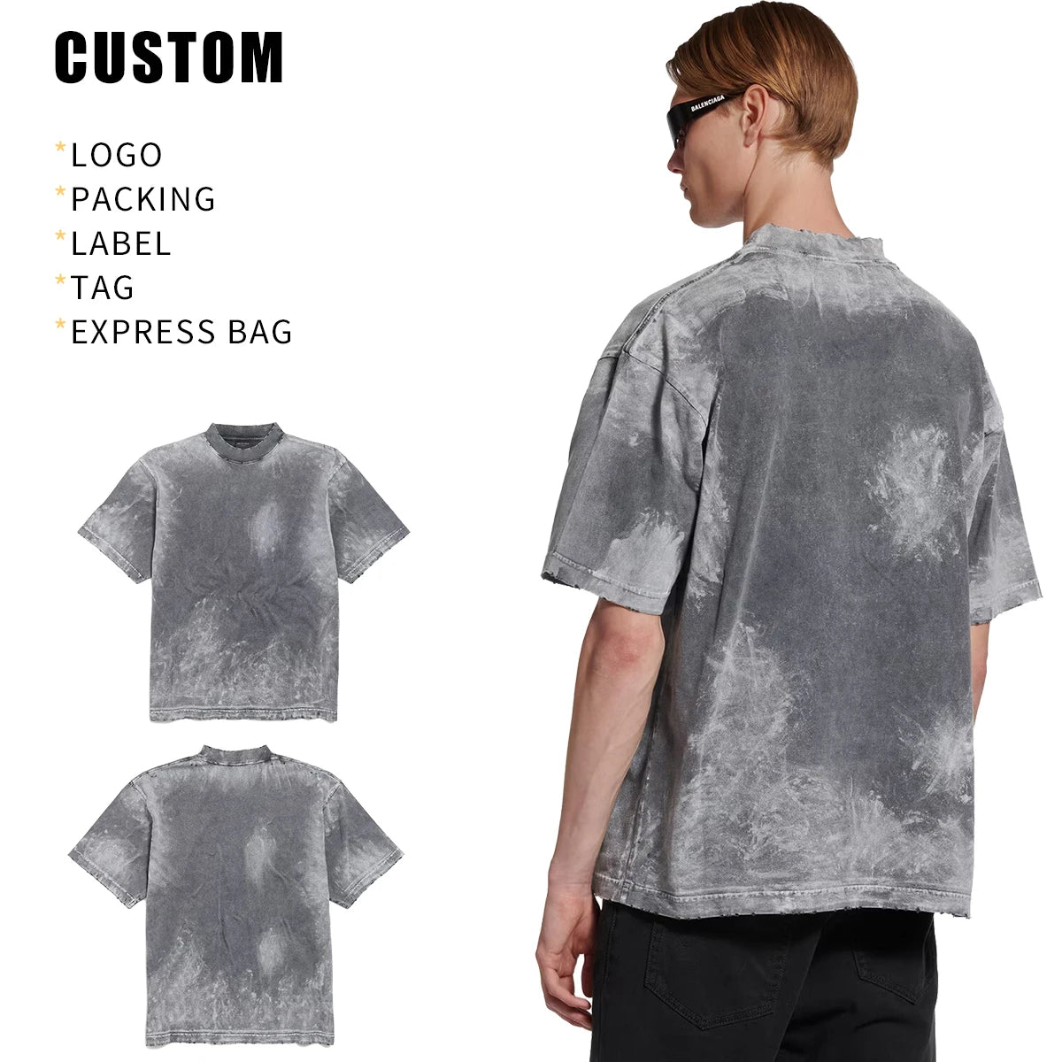 Custom Men RibNeck Plus Size T-Shirt Cotton Heavyweight t Shirt Vintage Luxury Drop Shoulder Blank Acid Wash TShirt for Men