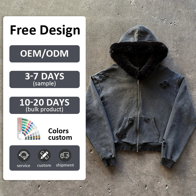 Custom Logo Vintage Zip up Acid Wash Distressed Hoodie for Men Streetwear Embroidered Printing Designer Blank Distressed Hoodie