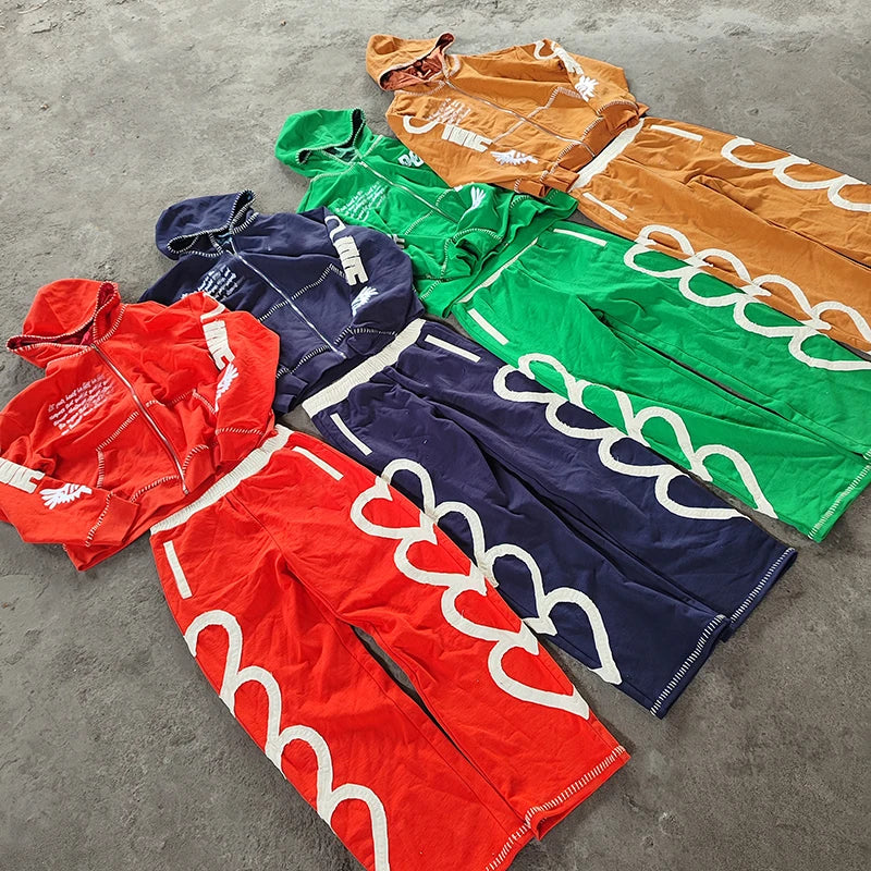 Hip Hop Streetwear Custom Heavyweight Streetwear Oversized Sweatpants and Hoodie Oversized Tracksuit Set for Men