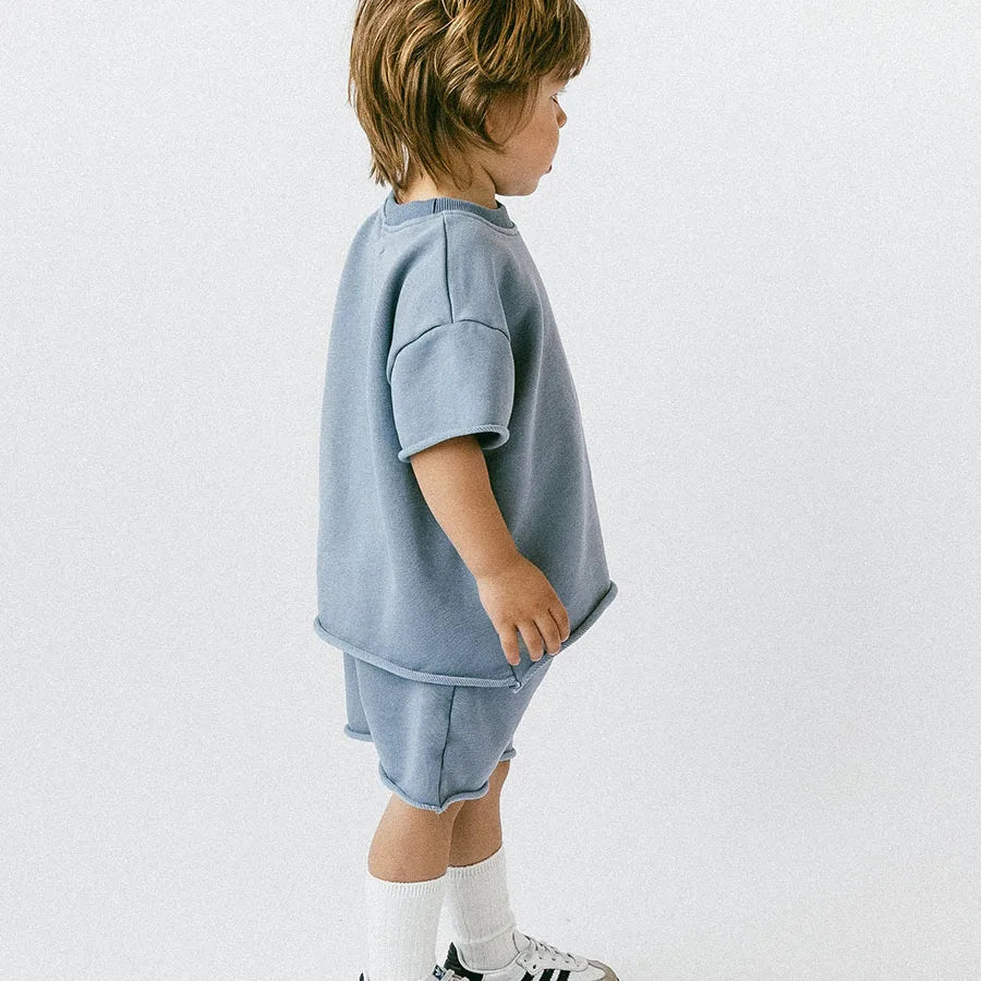 Custom Boys' Summer Casual 100% Cotton Clothing Set with Raw Hem T-Shirt and Shorts