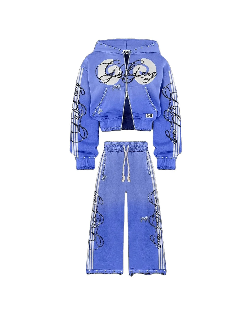 Custom Winter Streetwear Vintage French Terry 100% Organic Cotton Cropped Acid Wash Zip-Up Distressed Rhinestone Hooded