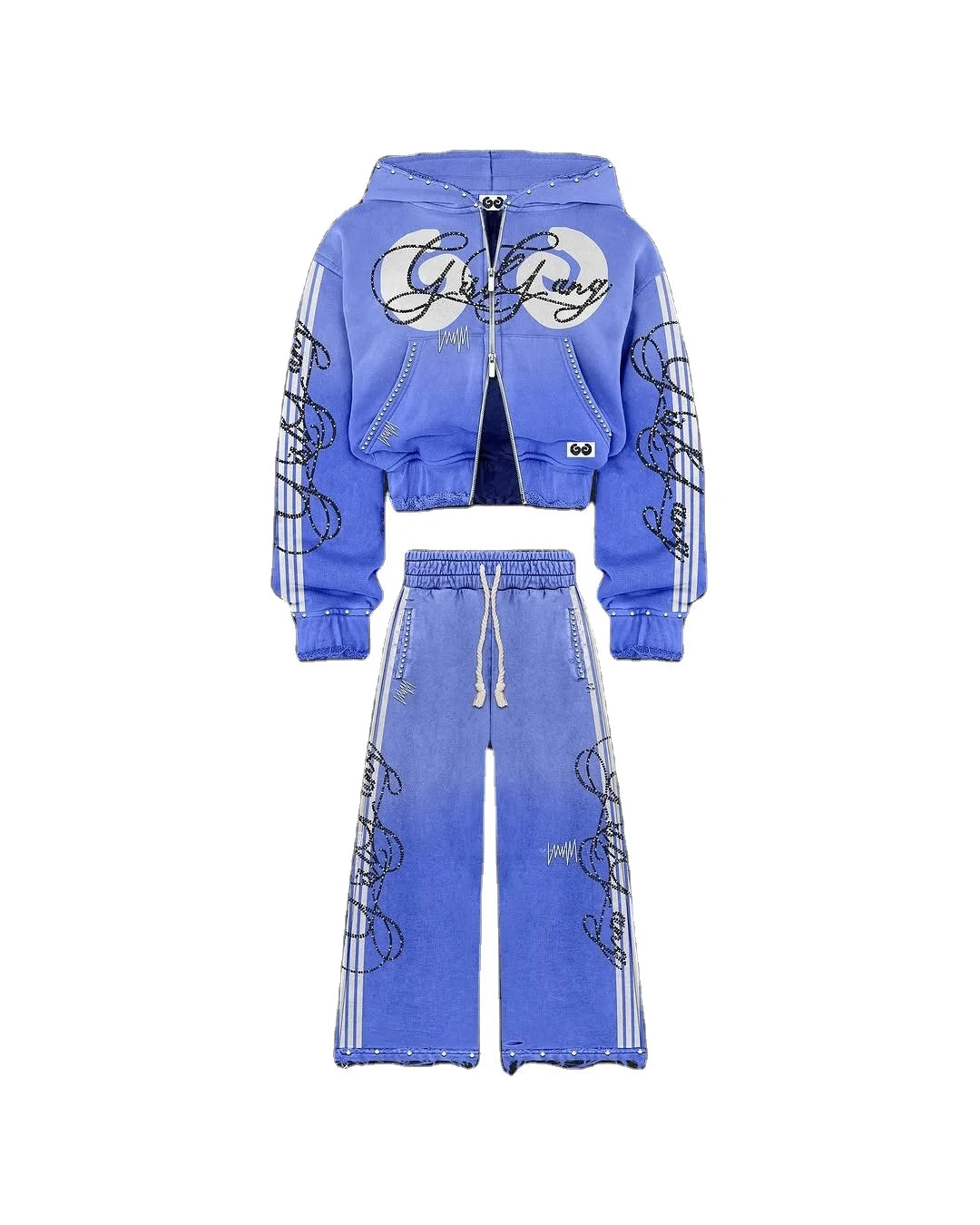 Custom Winter Streetwear Vintage French Terry 100% Organic Cotton Cropped Acid Wash Zip-Up Distressed Rhinestone Hooded