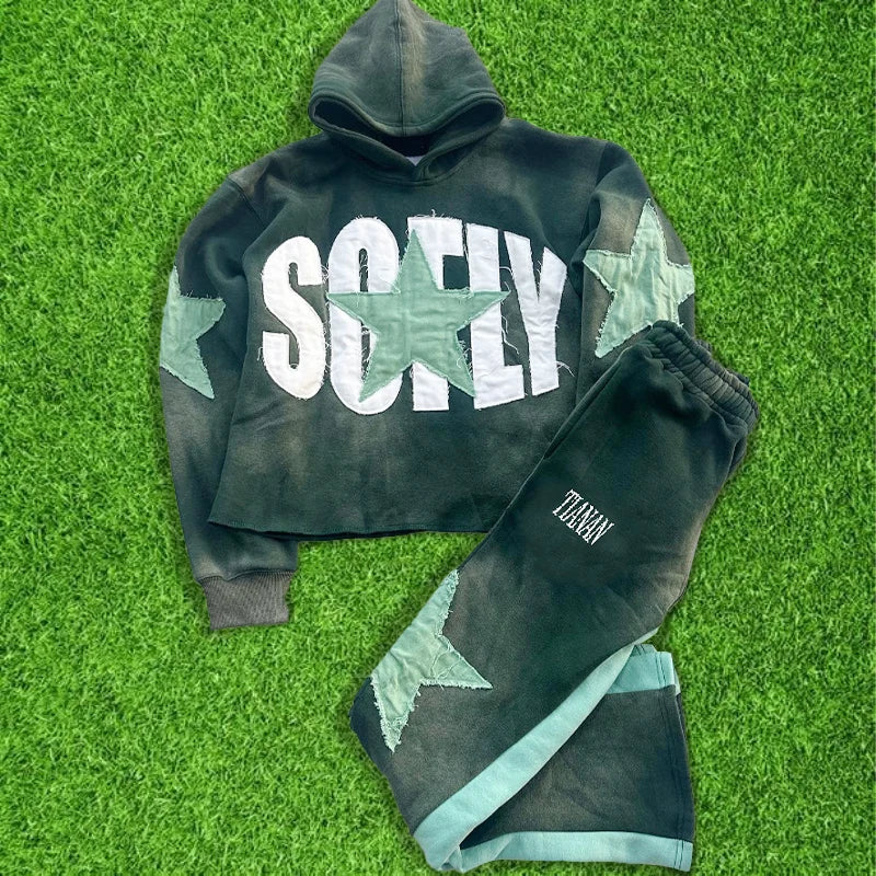 Custom High Quality Autumn Streetwear Cotton Hoodie Cropped Distressed Embroidery Heavyweight 500g Acid Wash Sweatshirt Set Men
