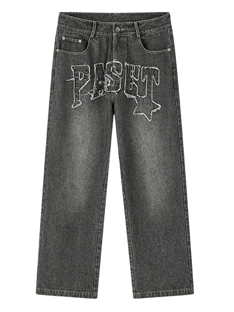 Custom Men's High Waist Baggy Denim Jeans Trousers Breathable Harem Pants with Embroidered Applique for Spring Autumn Seasons