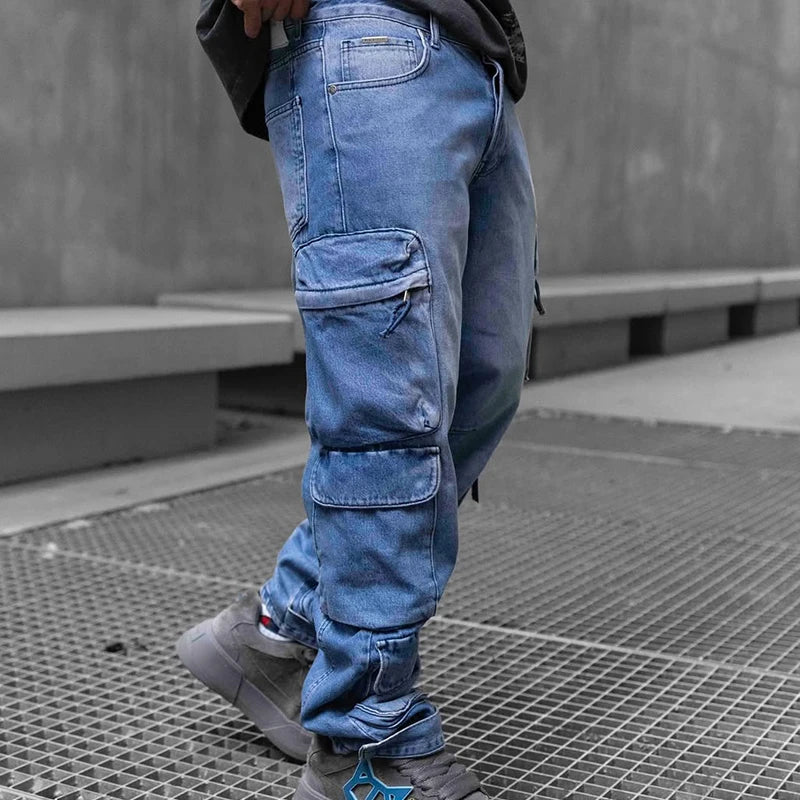 Custom Men's Cargo Denim Jeans for Men Casual Cargo Jeans Pants with Six Pockets