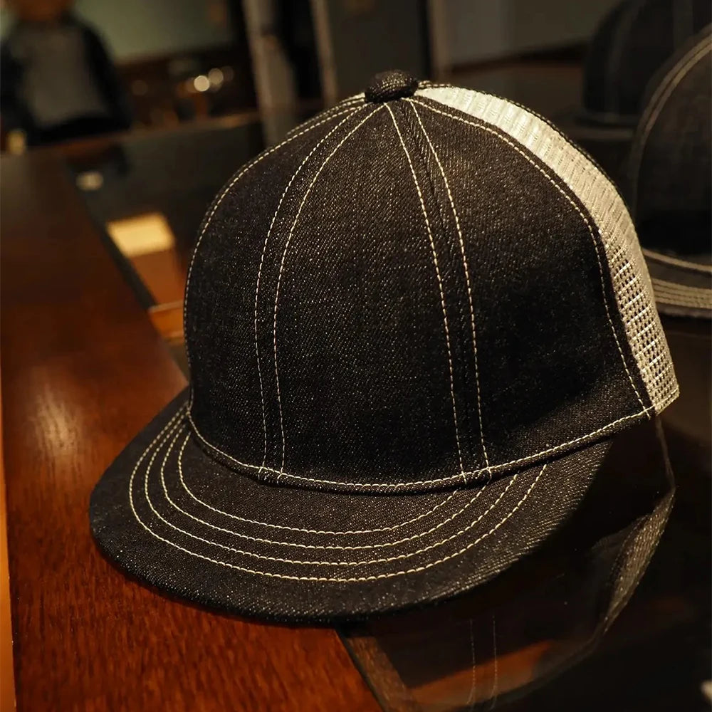 Custom Made Snap Back Denim Caps for Men Premium Mesh Black Denim Hat 7 Panel Blank Snapback Hats