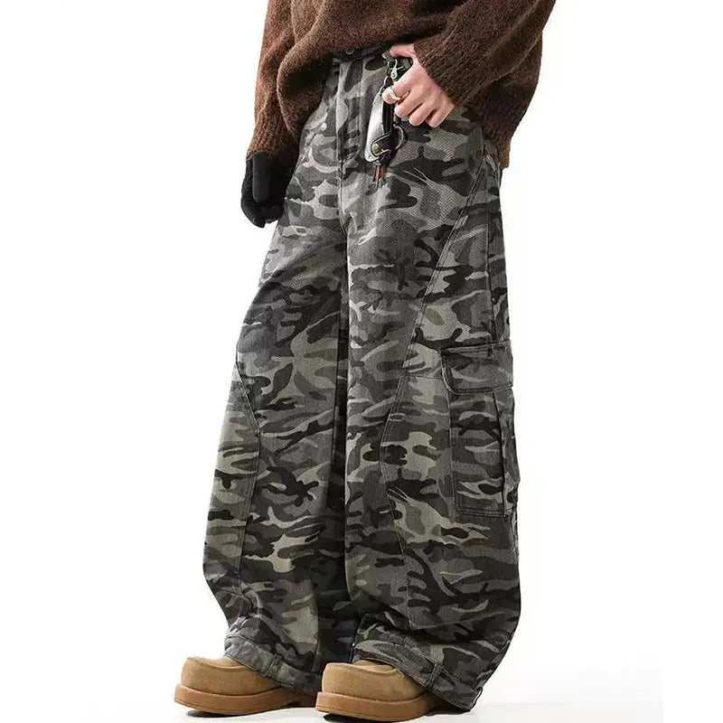 Manufacturer Custom Streetwear Vintage Oversized Loose Wide Leg Baggy Trousers Camo Cargo Pants Men