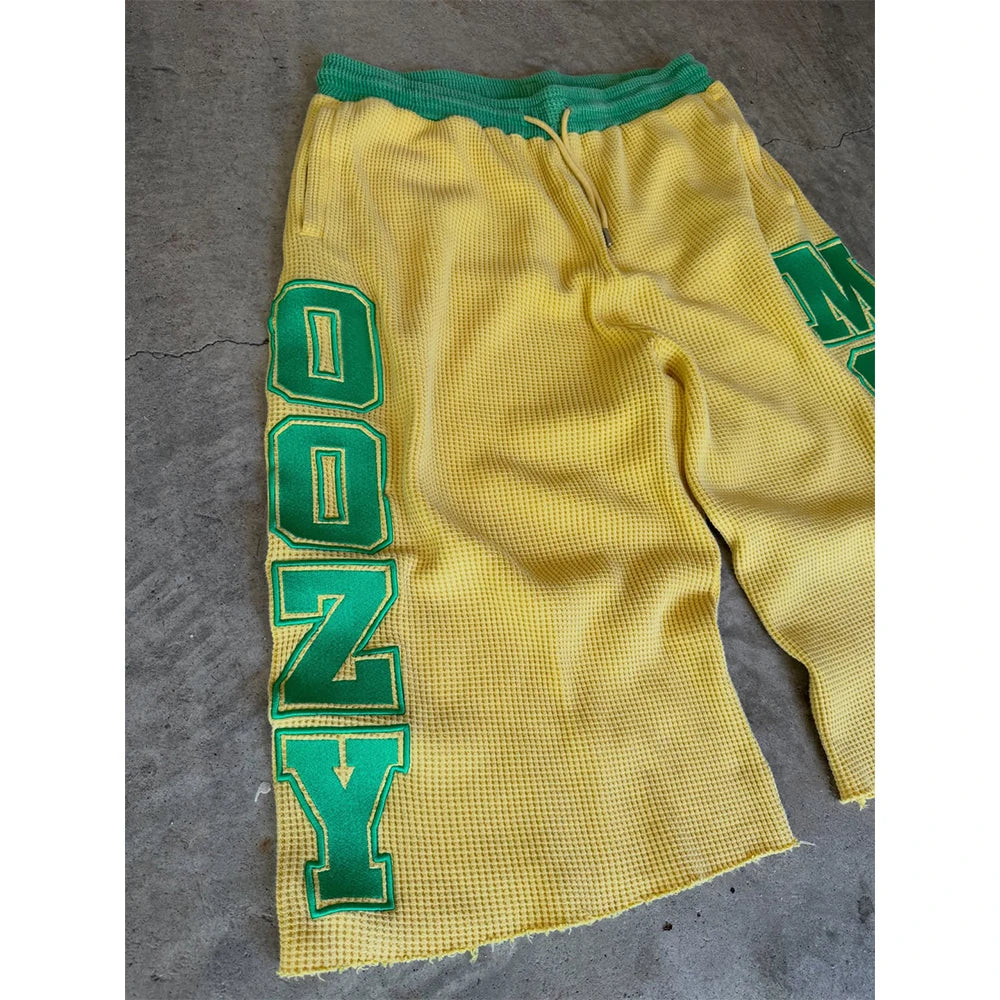 Custom Men's Summer Waffle Knitted Long Baggy Shorts for Men Embroidery 3/4 Sweat Shorts
