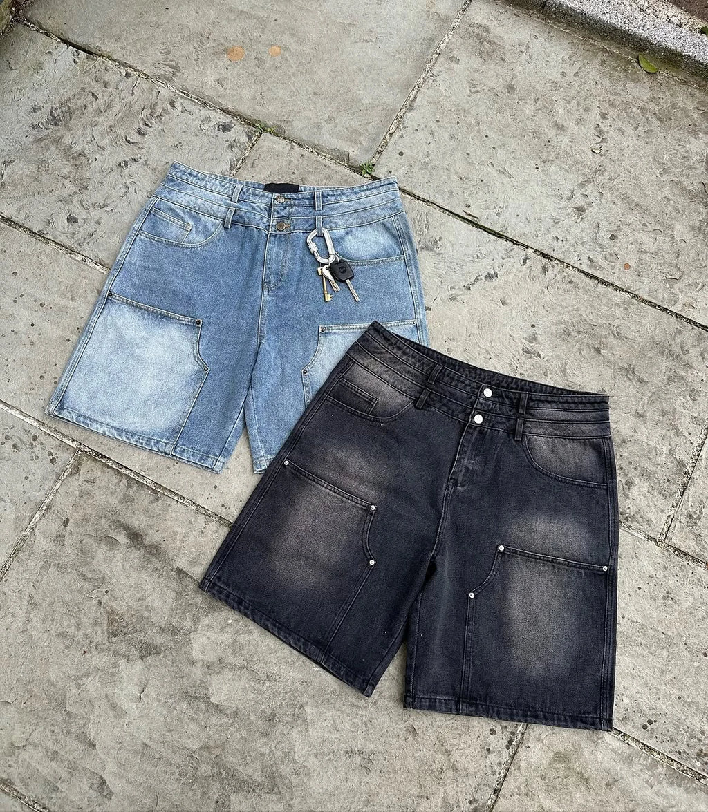 Custom Men's Streetwear Carpenter Denim Shorts Unisex Double Waistband Denim Short with Six Pockets