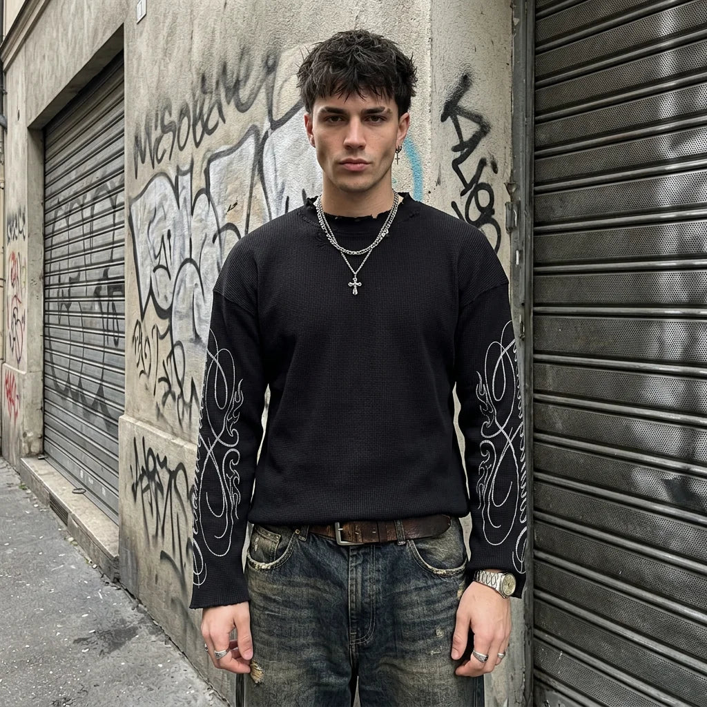 Custom Waffle Knit Long Sleeve Top Streetwear 200 Gsm Cotton Long Sleeve t Shirt for Men Boxy Thermal Shirt Long Sleeve