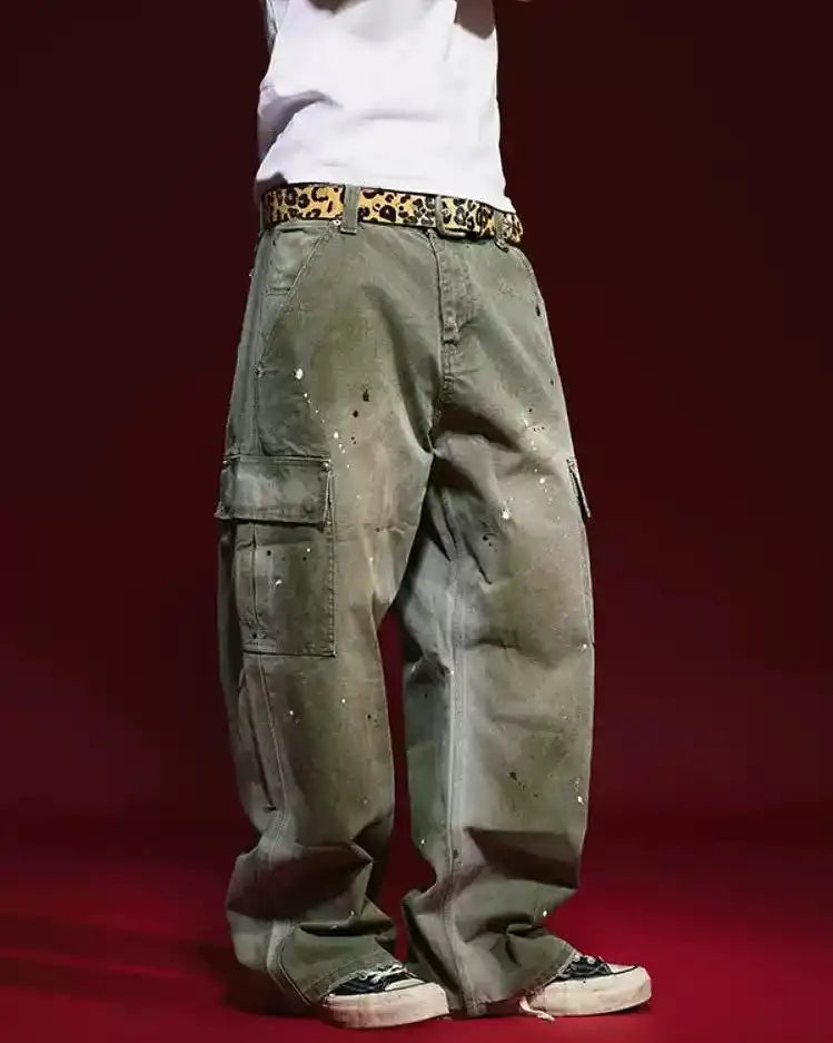Custom Baggy Splash Ink Cargo Pants Trouser for Men Casual Vintage Wash Pants