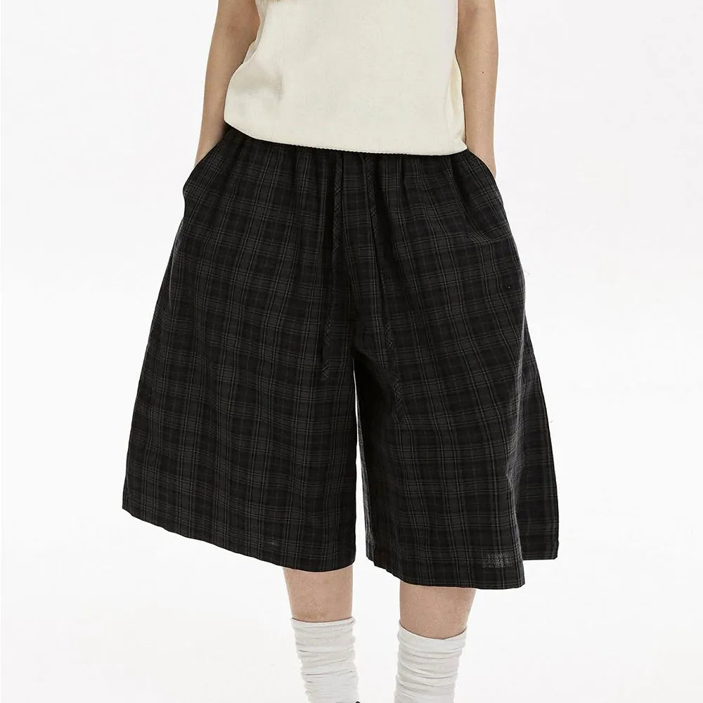 Custom Women Casual Baggy Plaid Shorts for Women Cotton 3/4 Long Shorts
