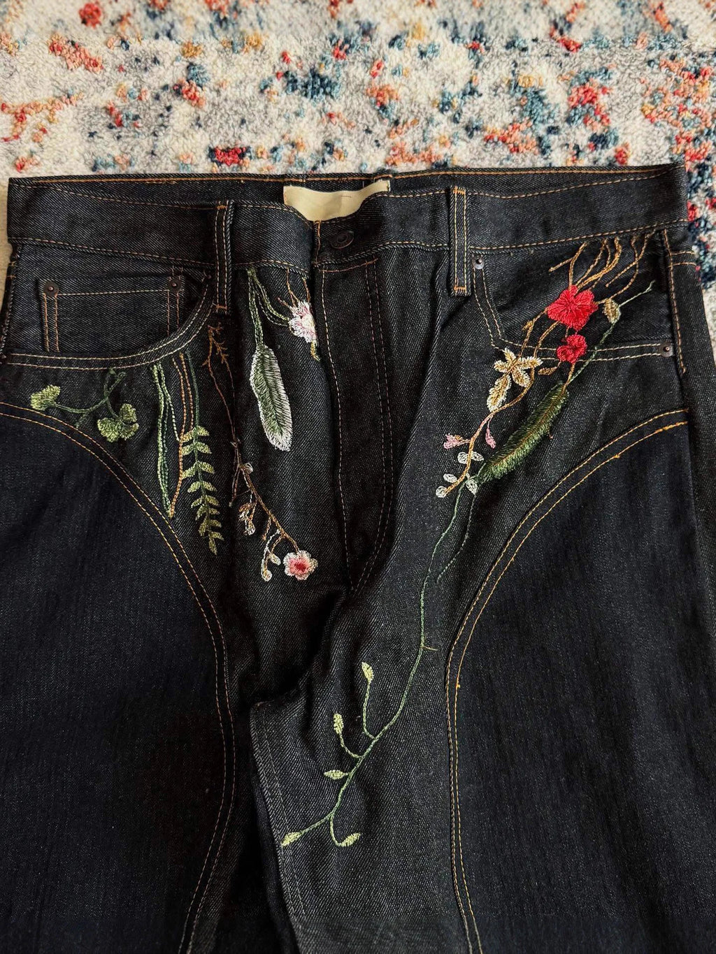 Custom Baggy Jeans Y2k Selvage Denim Jeans Black Wide Leg Embroidery Wide Leg  Floral Jeans for Men