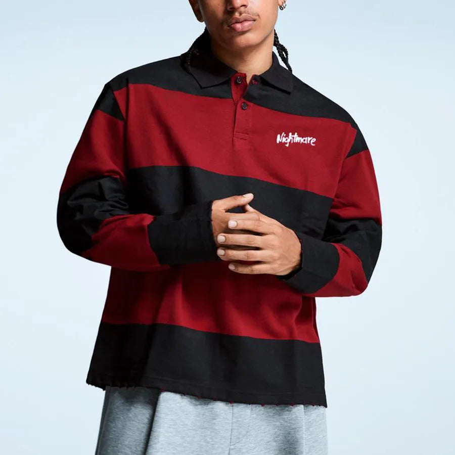 Custom Long Sleeve Embroidered Polo Shirt Men's Full Sleeve Polo Shirts with Stripes Cotton Boxy Polo Shirt