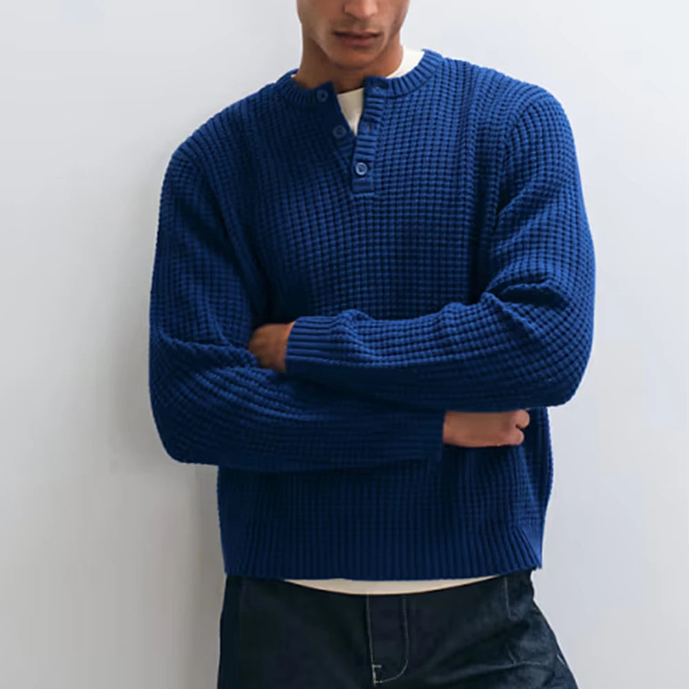 Custom Men's Casual Textured Waffle Henley Sweater for Men Knitted Sweater Clothing Manufacturer