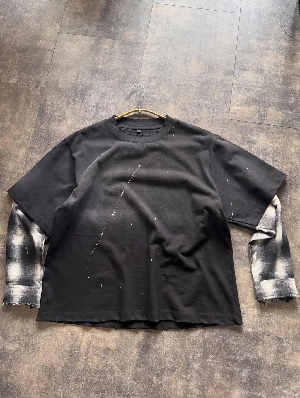 Custom Distressed Double Layer Plaid Long Sleeve T-shirt for Men Vintage Wash Double Layered Tee Shirt