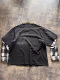 Custom Distressed Double Layer Plaid Long Sleeve T-shirt for Men Vintage Wash Double Layered Tee Shirt