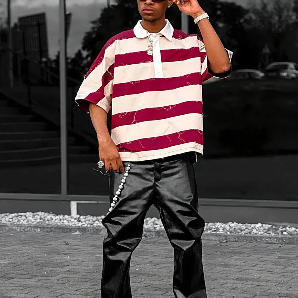 Custom Men's Designer Oversize Embroidered Polo Shirts Wholesale Boxy Fit Stripped Polo Shirts