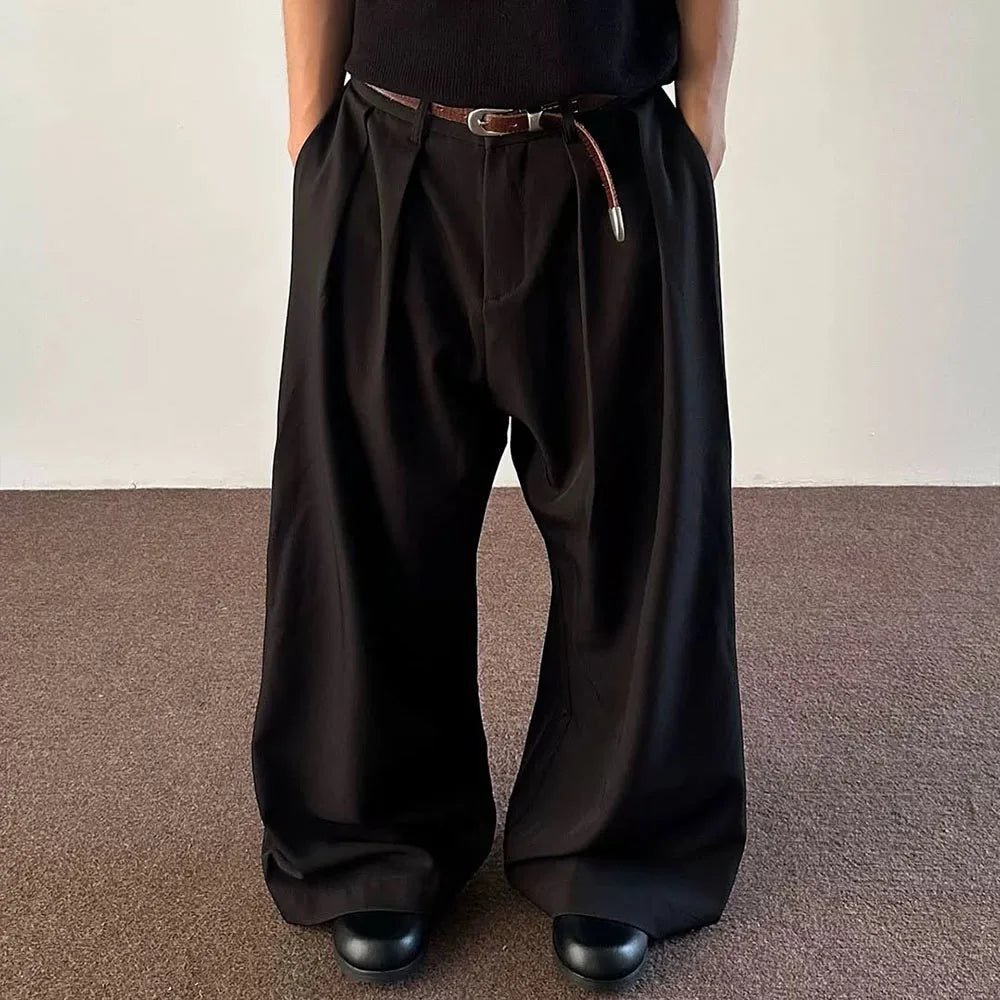 Custom Lightweight Casual Men's Khaki Wide Leg Mid Waist Pleated Pants For Men Korean Pants