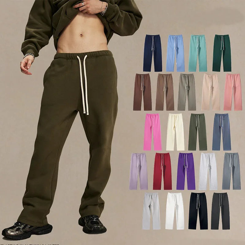 Custom Men's Casual Sweatpants 100% Cotton Mid Waist Straight Leg Open Hem Heavyweight