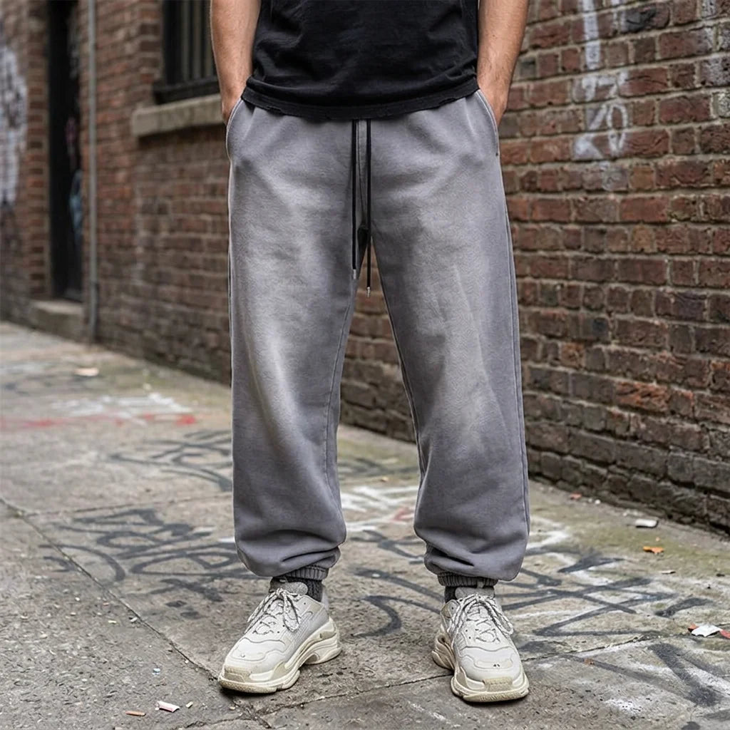 Custom Grey Vintage Wash Casual Heavyweight Drawstring Closure Mid Waist Oversized Cotton Uncuffed Sweatpants for Men