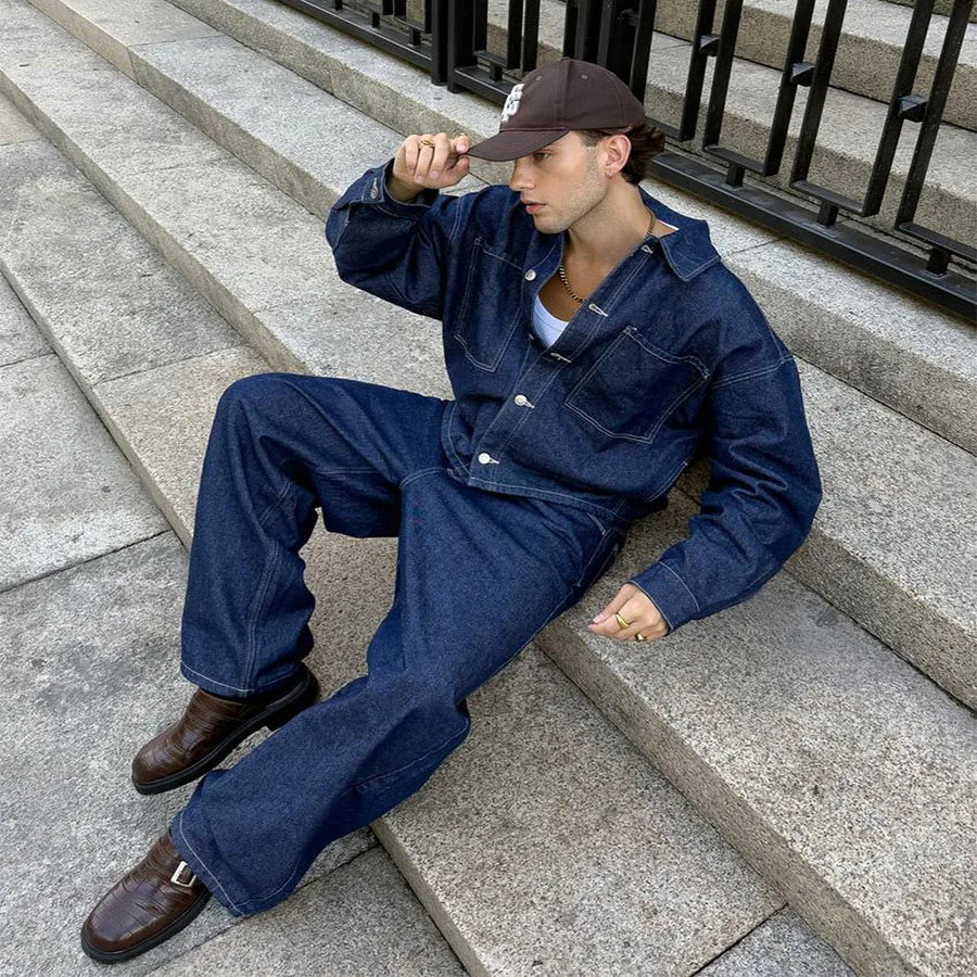 Custom Men's 2 Piece Denim Shirt Set Streetwear Jean Jacket and Pants Set for Men