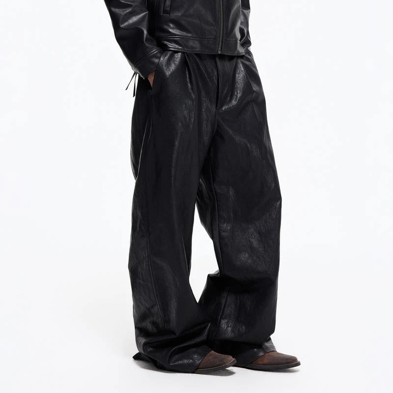 Customize Pleated Straight Leg Faux Leather Trousers Pants for Men Faux Leather Pant Manufacturer