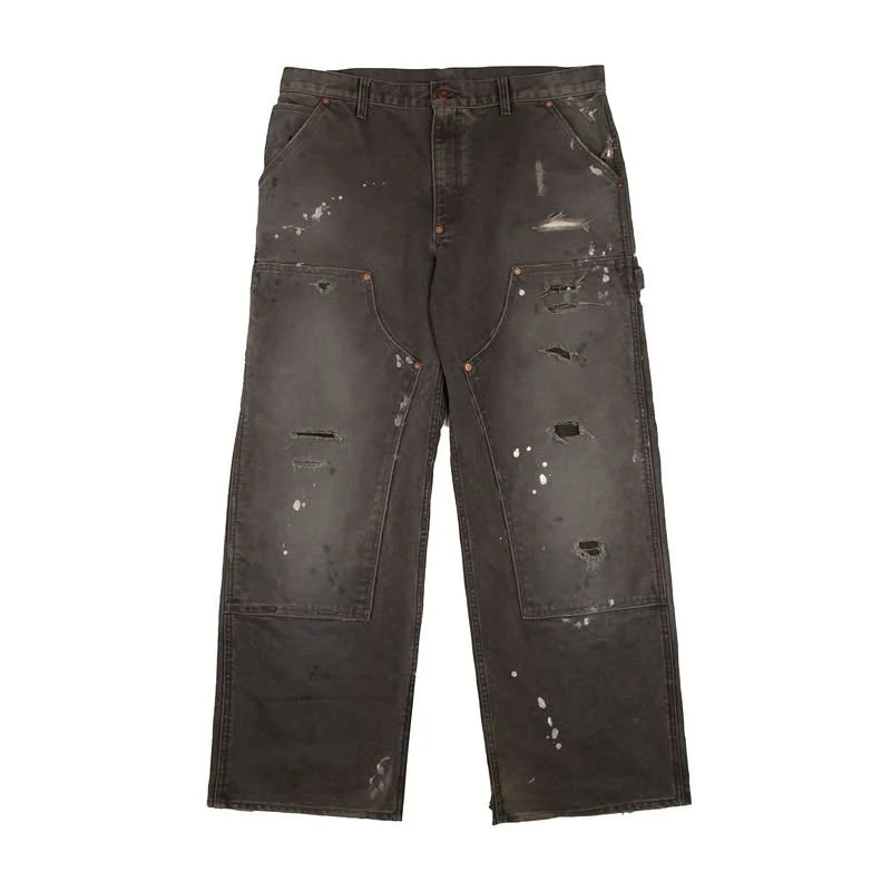 Custom Vintage Straight Mid Waist Work Trousers Distressed Double Knee Carpenter Pants Men's Casual
