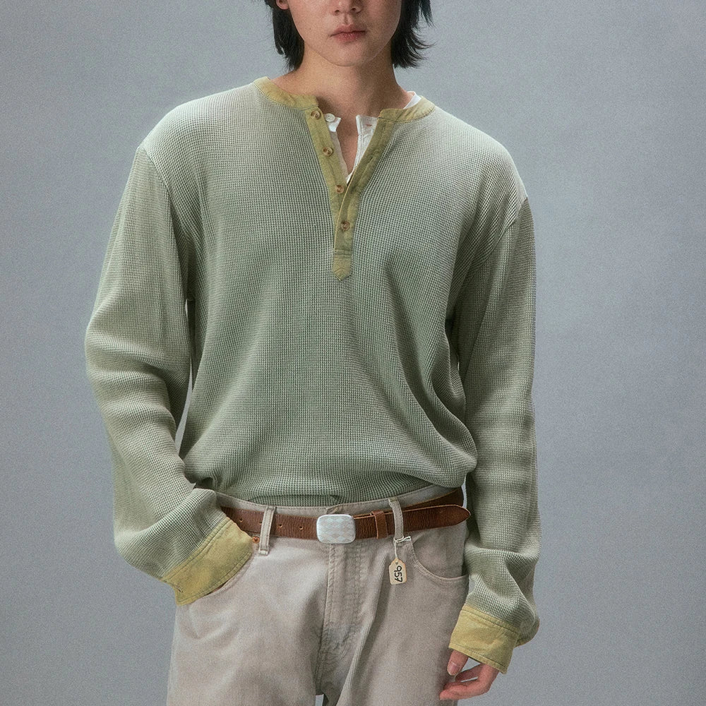 Custom Men's Casual Men Waffle Knit T-shirt Boxy Fit Cotton Henley T-shirt for Men Long Sleeve t Shirt