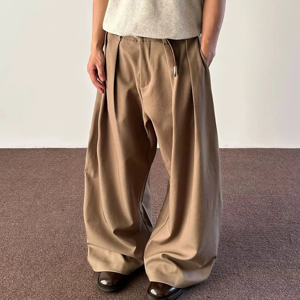Custom Lightweight Casual Men's Khaki Wide Leg Mid Waist Pleated Pants For Men Korean Pants