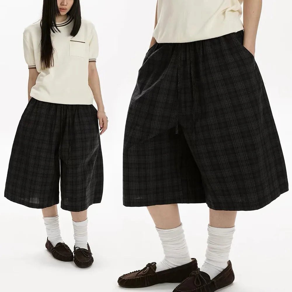 Custom Women Casual Baggy Plaid Shorts for Women Cotton 3/4 Long Shorts